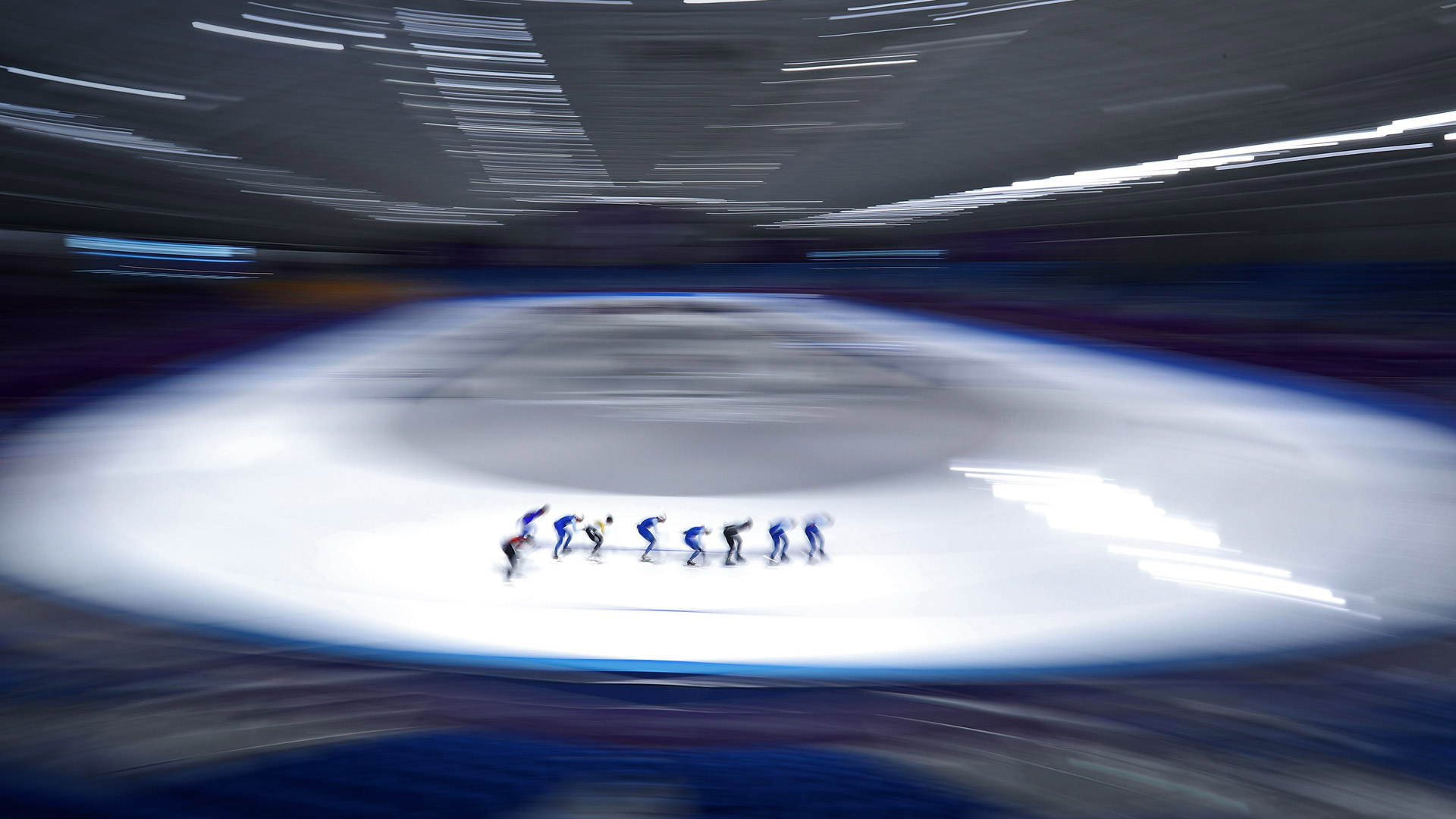 Speed skaters training at the Gangneung Oval on February 4, 2018, in Pyeongchang, South Korea