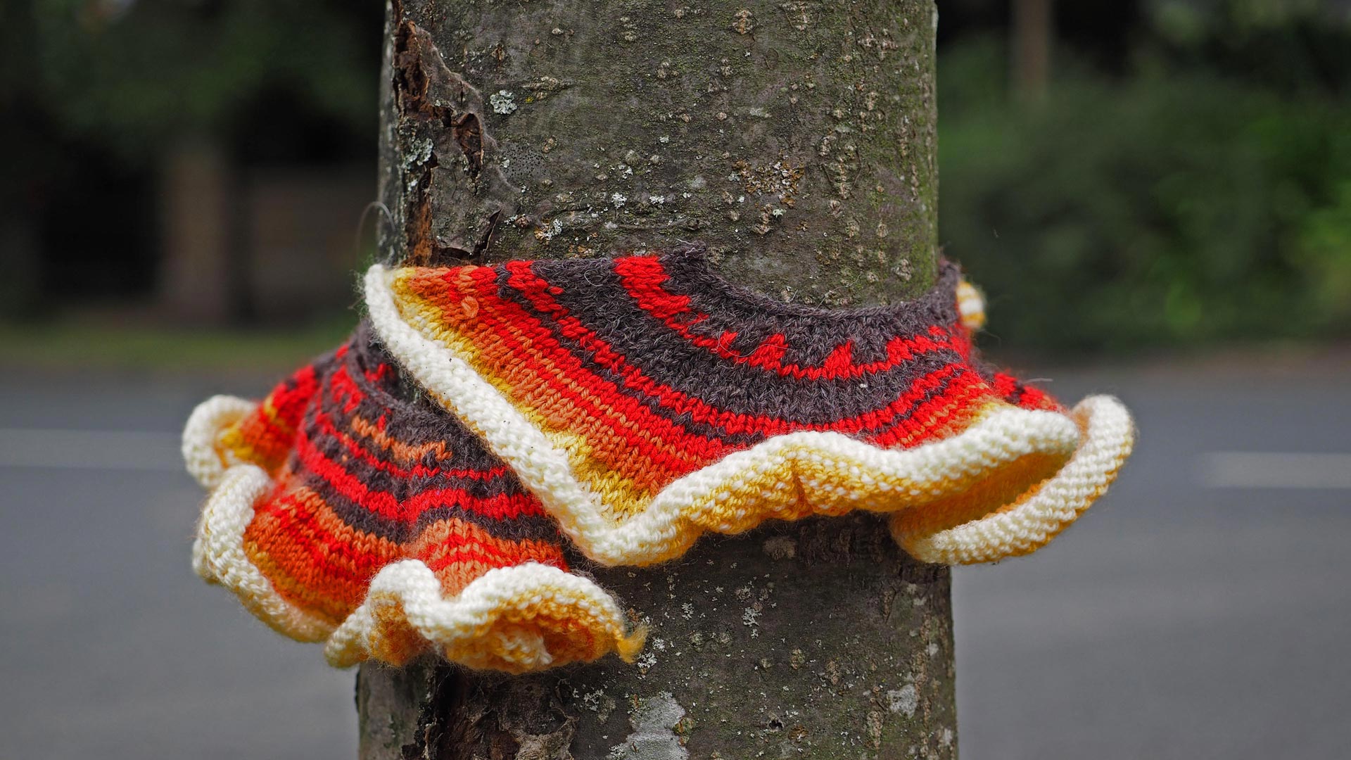Yarn bombing in the village of Gurnard, Isle of Wight, England