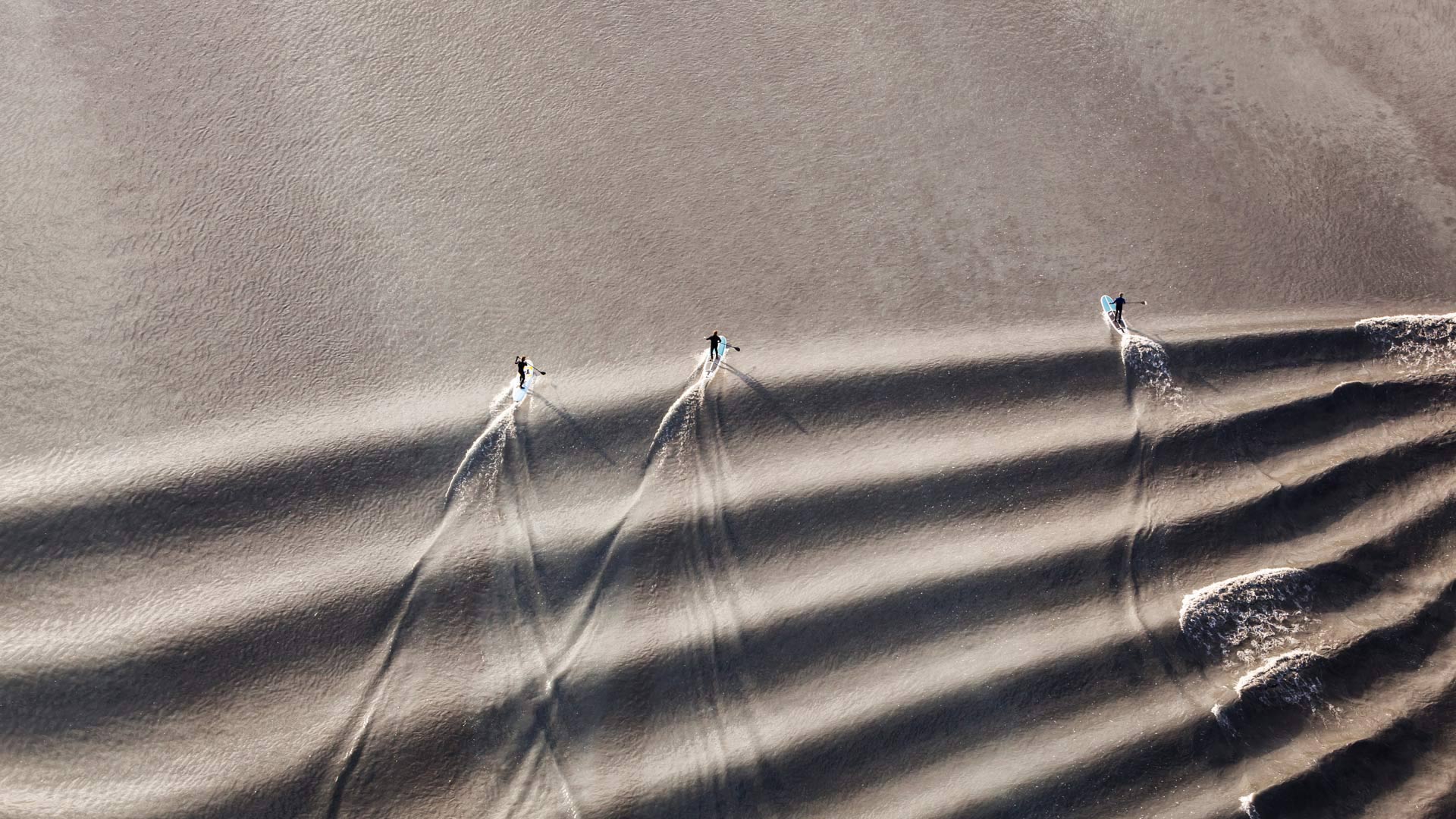 Stand-up paddleboarders riding the bore tide in Turnagain Arm, Cook Inlet, Alaska