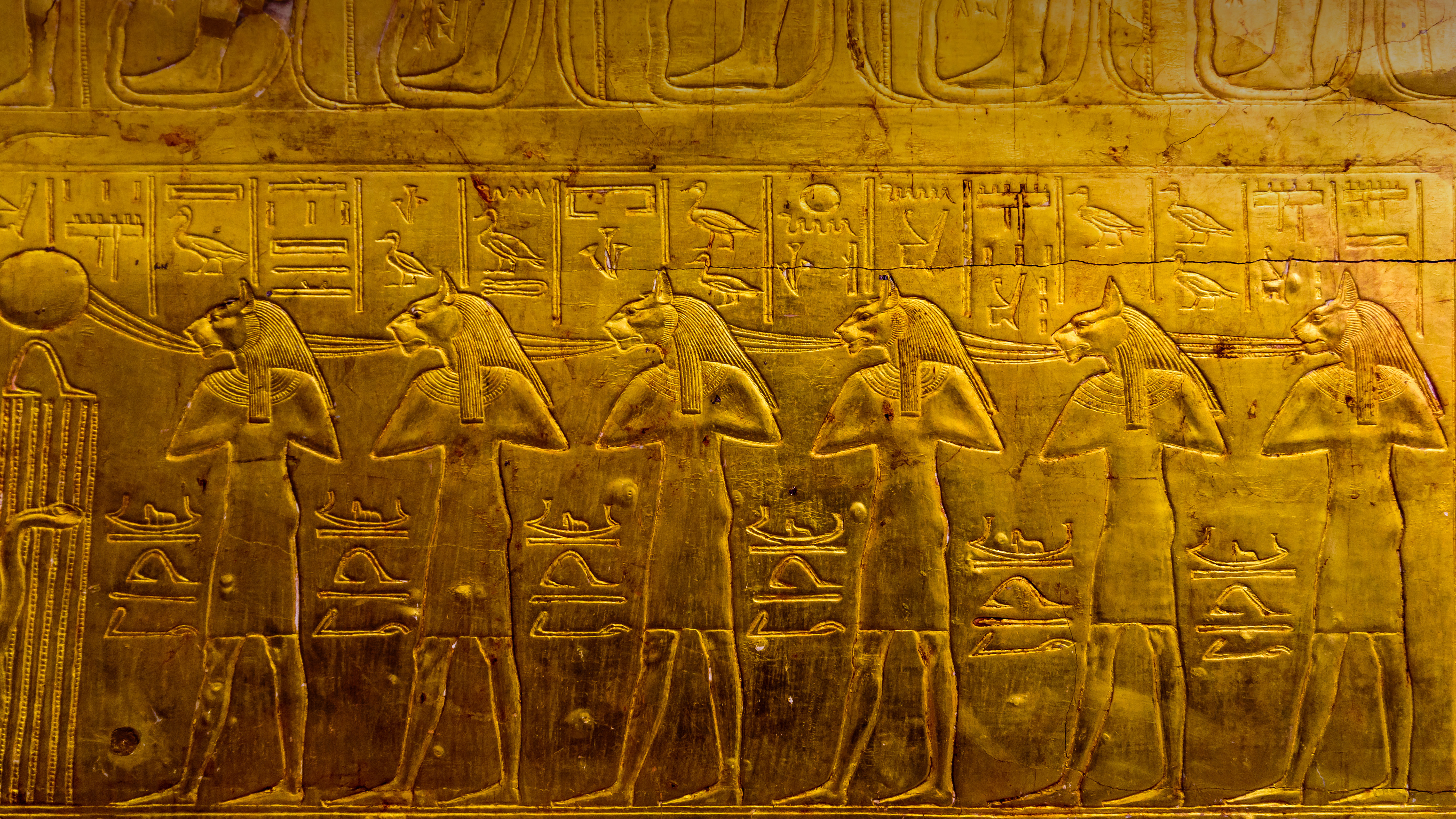 Depiction of deities from the Tomb of Tutankhamun at the Egyptian Museum, Cairo, Egypt