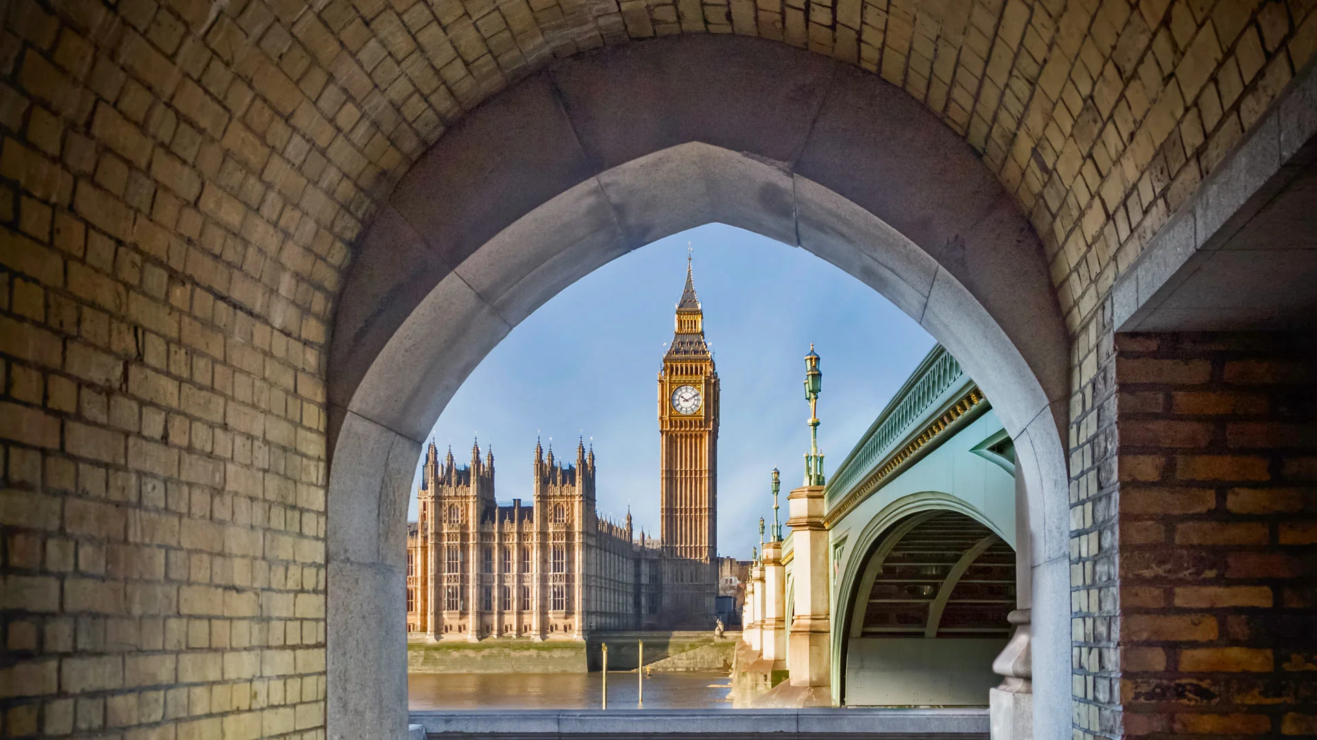 View of Big Ben and the Palace of Westminster through a pedestrian tunnel, London, England