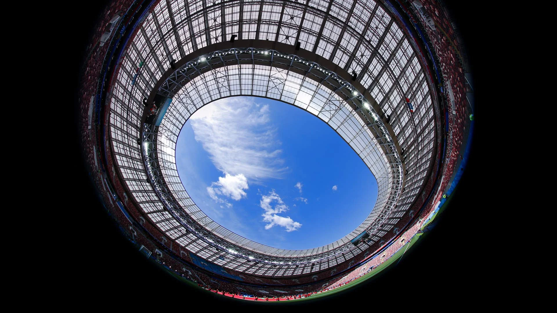 Fish-eye view of Luzhniki Stadium in Moscow, Russia, during a 2018 World Cup match