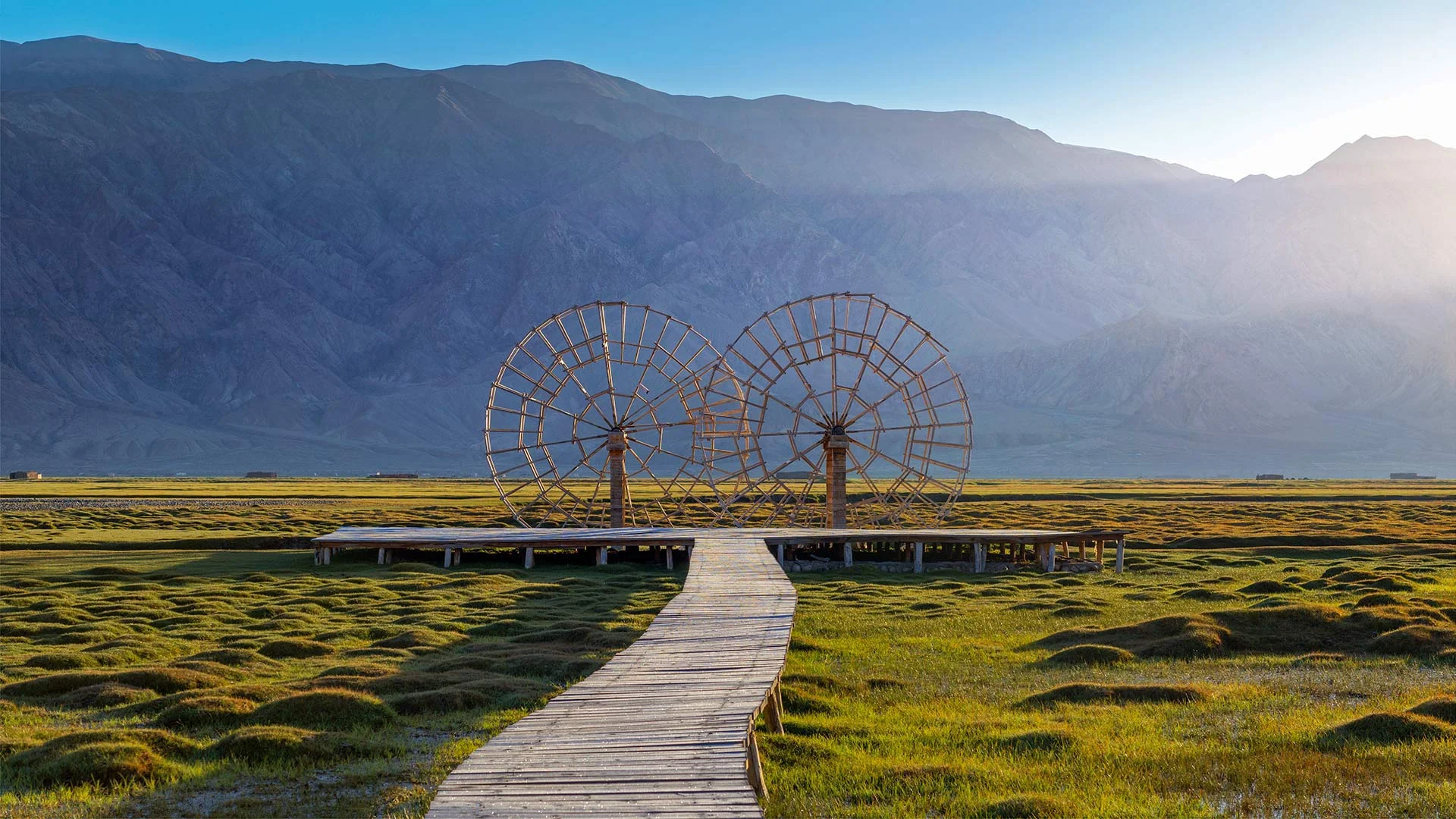 Water wheels in the Tashkurgan Grassland, Tashkurgan Tajik Autonomous County, Xinjiang, China