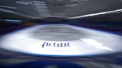Speed skaters training at the Gangneung Oval on February 4, 2018, in Pyeongchang, South Korea