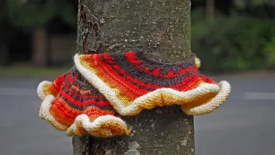 Yarn bombing in the village of Gurnard, Isle of Wight, England