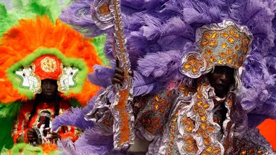 Members of the Wild Red Flame Mardi Gras Indians in New Orleans, Louisiana