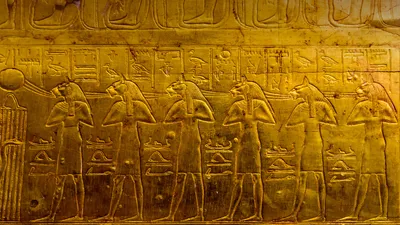 Depiction of deities from the Tomb of Tutankhamun at the Egyptian Museum, Cairo, Egypt